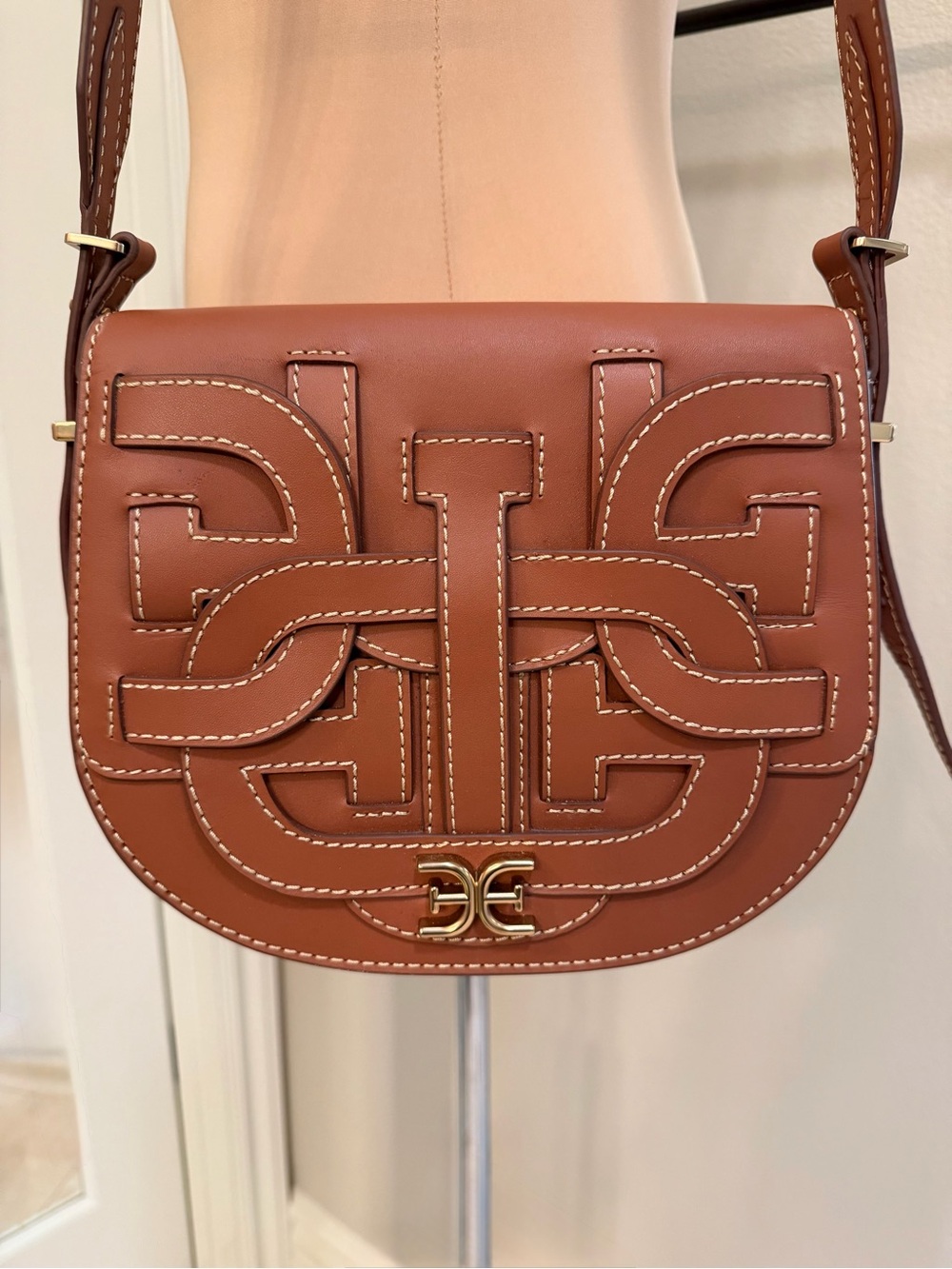 Sam Edelman Bay Leather Saddle Crossbody Bag Cognac with Dust Bag